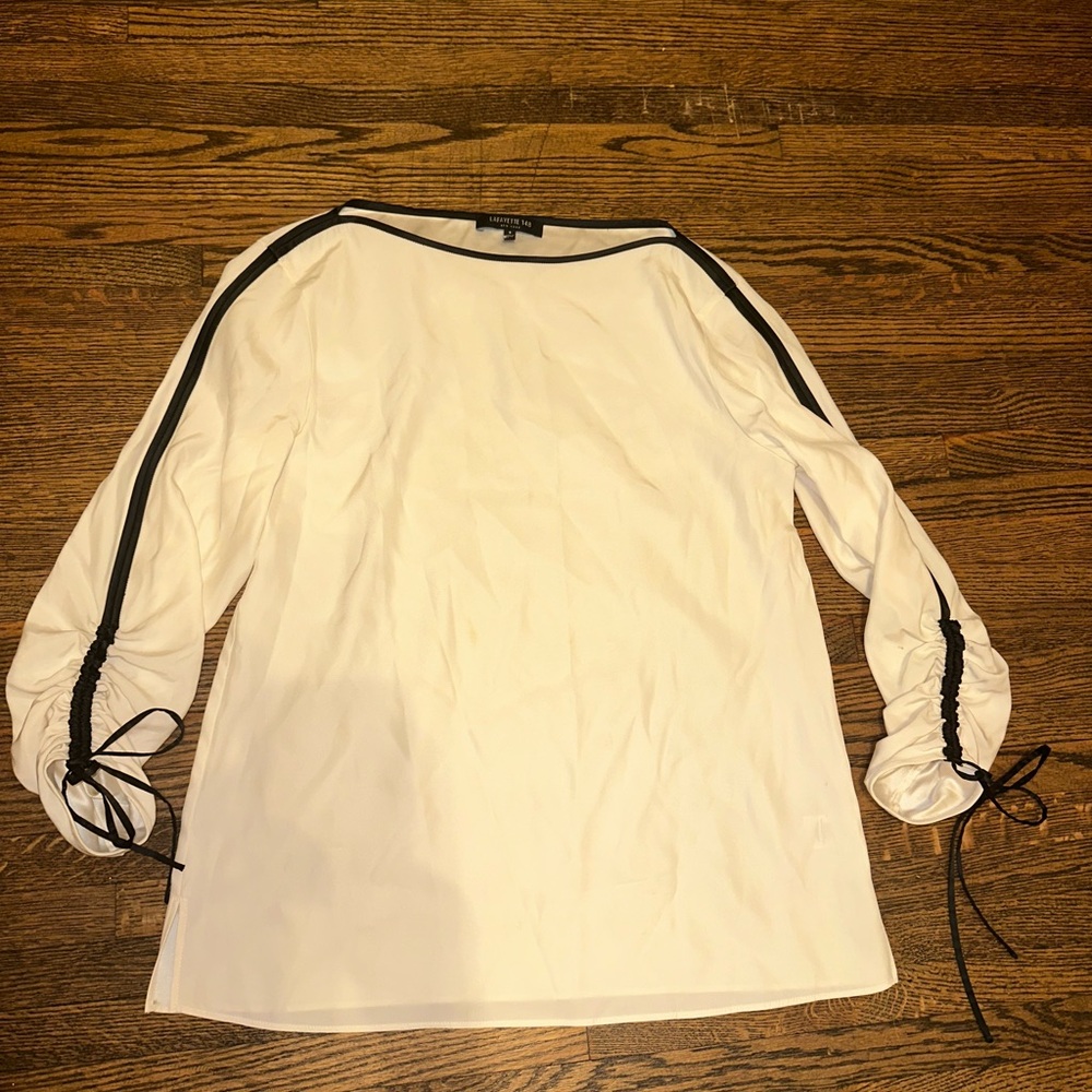 Lafayette 148 New York White Blouse with Black Trim 100% Silk